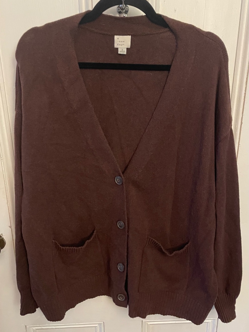 A New Day Brown Cardigan Sweater Size Large Button Front Pocket Cardigan